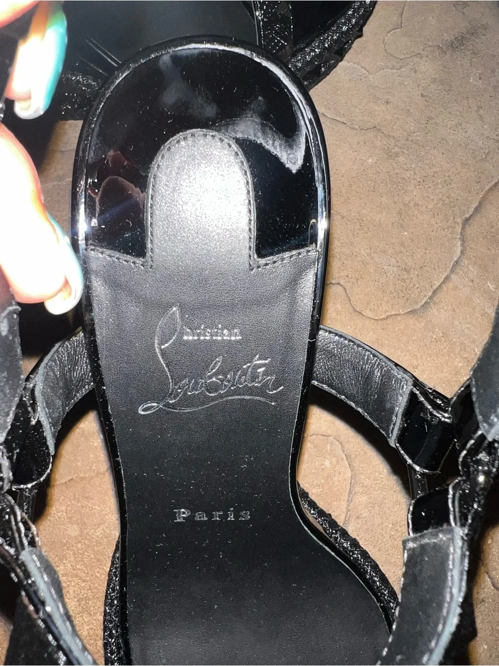 Christian Louboutin Black Patent Wedge Sandals with Studded Straps 8 - Picture 3 of 6